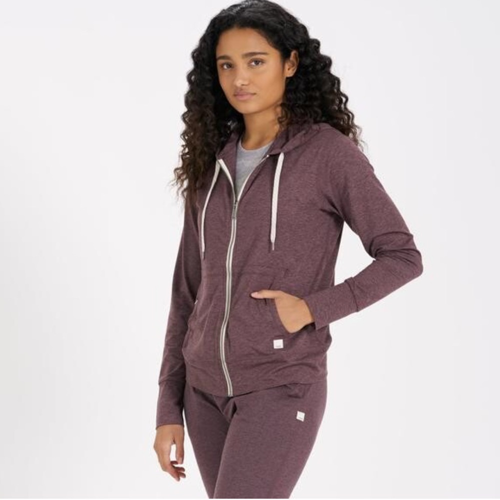 Vuori Plum Zip-Up Hoodie with White Drawstrings